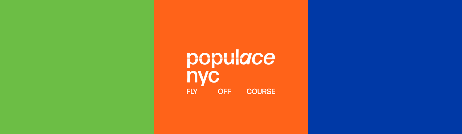 Green, orange, and blue squares witih "populace nyc fly off course" written in the middle